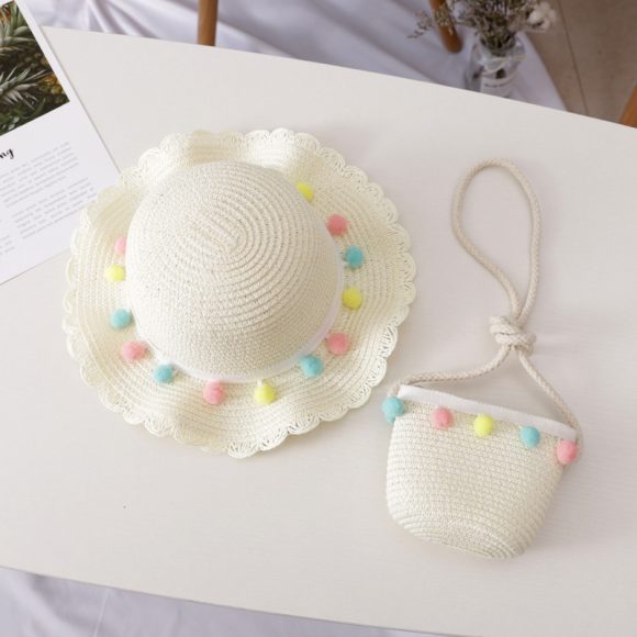 Small Ball Solid Color Children Straw Hat Bag Set - Image 8