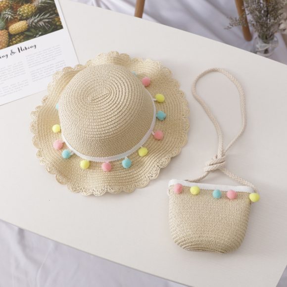 Small Ball Solid Color Children Straw Hat Bag Set - Image 9