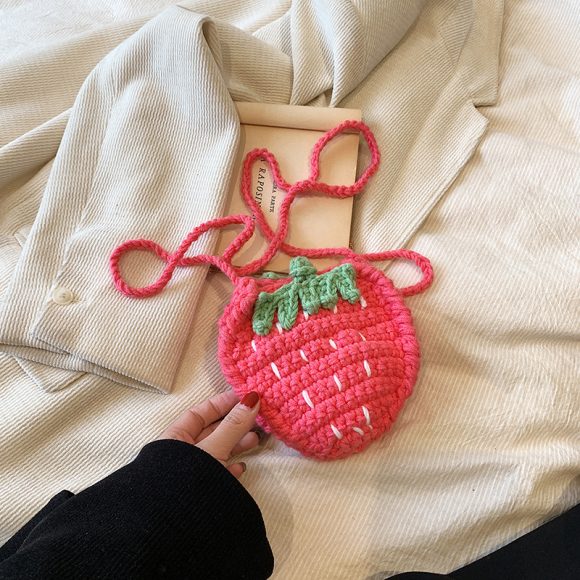 Handmade Knitted Children's Wool Cute Strawberry Crossbody Bag - Image 6