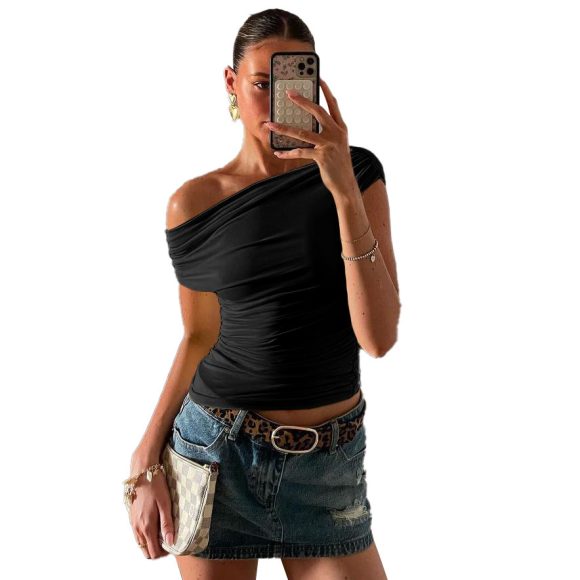 Personality Street Simple Graceful Solid Color Diagonal Collar Top For Women - Image 7