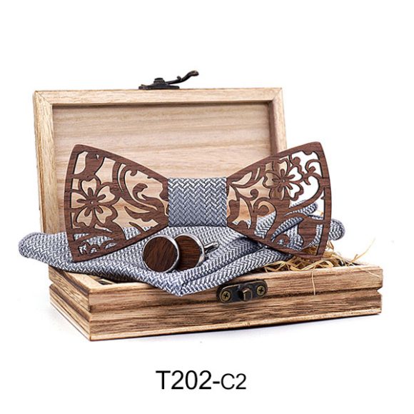 Wooden Hollow Fashion Bow Tie Cufflinks Set - Image 6