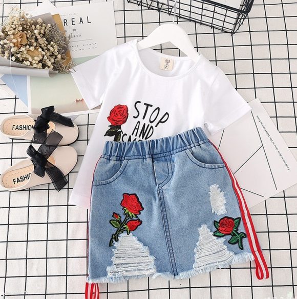 Kids Clothes White T-shirt Denim Skirt 2pcs Girls Suits - Image 9