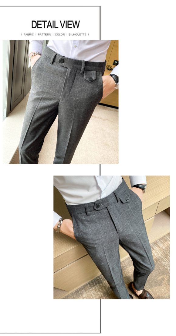 Korean Style British Classic Checkered Elegant Slim Fit Men's Best Man Pencil Pants Suit Pants - Image 7