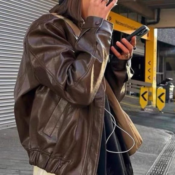 Women's Vintage Brown Leather Motorcycle Jacket - Image 2