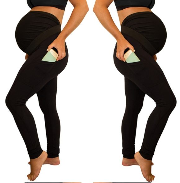 pure color panel long and high waist side pocket Maternity Pants - Image 4