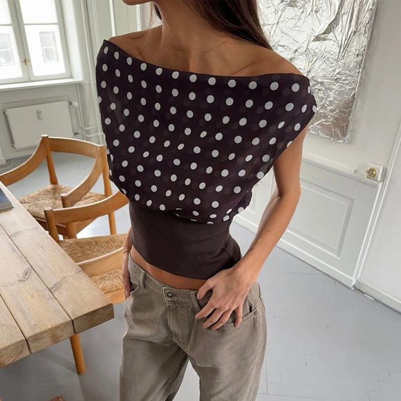 Sexy Patchwork Backless Lace-up Polka Dots Chiffon T-shirt - Image 7