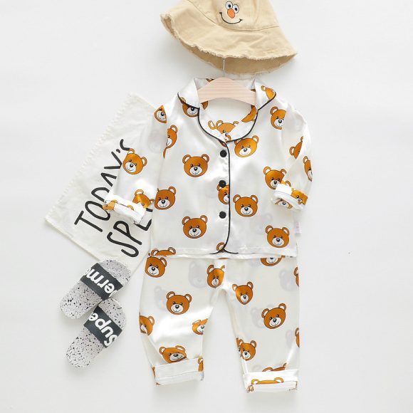 Long sleeve ice silk bear pajamas set for boys and girls - Image 9
