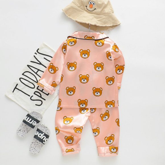 Long sleeve ice silk bear pajamas set for boys and girls - Image 7