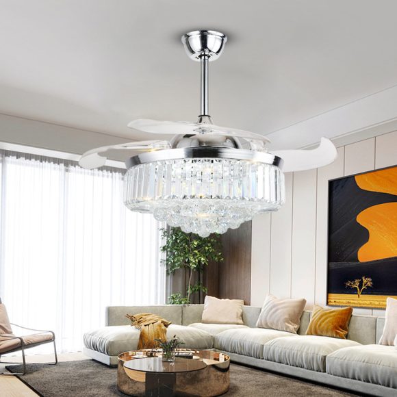 Crystal Fan Lights European Ceiling Fan Lights Living Room Bedroom Dining Room Invisible Led Fan Chandelier All Copper - Image 3