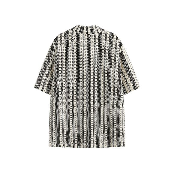 Summer Beige Black Color Stitching Turnover Neck Short Sleeve Shirt - Image 3