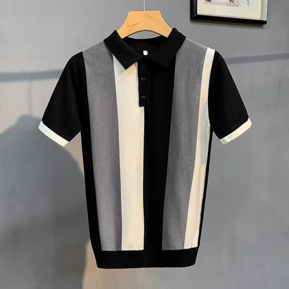 Short Sleeve Men's Vintage Stripe Personality Zipper Half Sleeve - Image 4