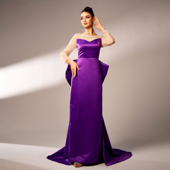 Long Sleeve Round Neck Party Beaded Big Bow Evening Dress - Image 5