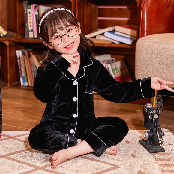 Children's Gold Velvet Solid Color Pajamas Set - Image 2