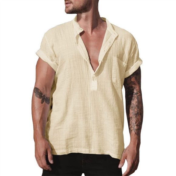 Loose Stand Neck Solid Color Pocket Short Sleeve Shirt - Image 5
