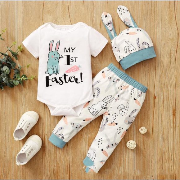 New Easter Print Rabbit Romper Three Piece 2 Colors - Image 4