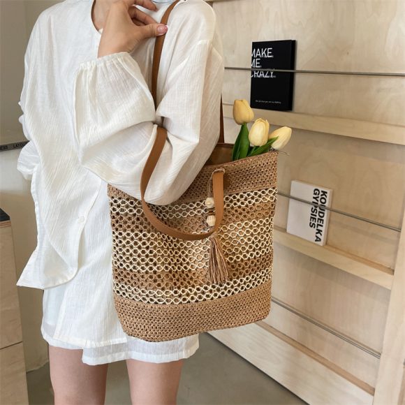 Summer Stripe Straw Sholder Bags With Tassel Pendant Fashion Large Capacity Seaside Vacation Beach Bags - Image 8