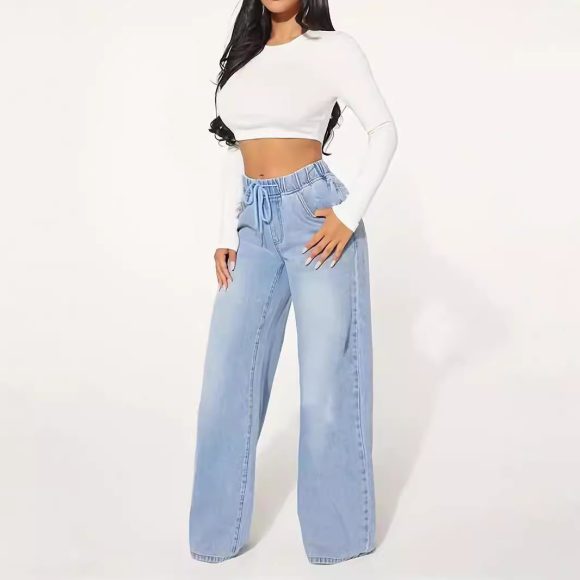 High Waist Drawstring Loose Wide Leg Light Blue Jeans - Image 4