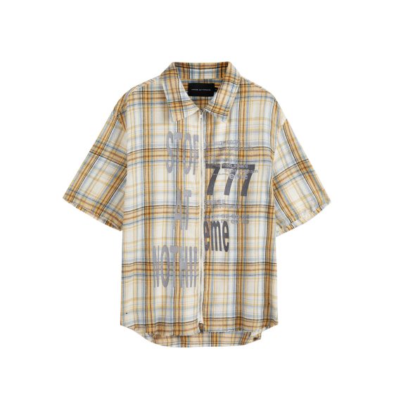 Printed Washed Tassel Short Sleeve Plaid Shirt - Image 8