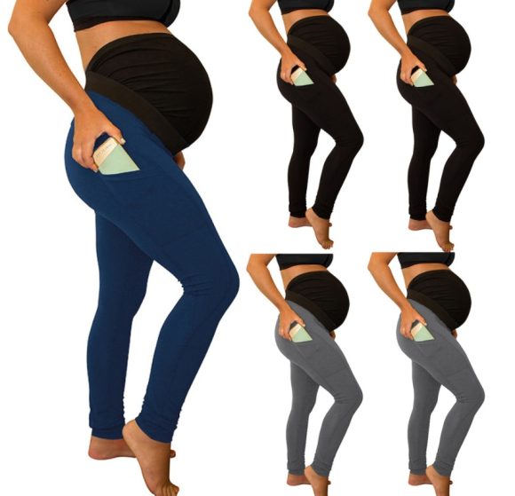 pure color panel long and high waist side pocket Maternity Pants - Image 3