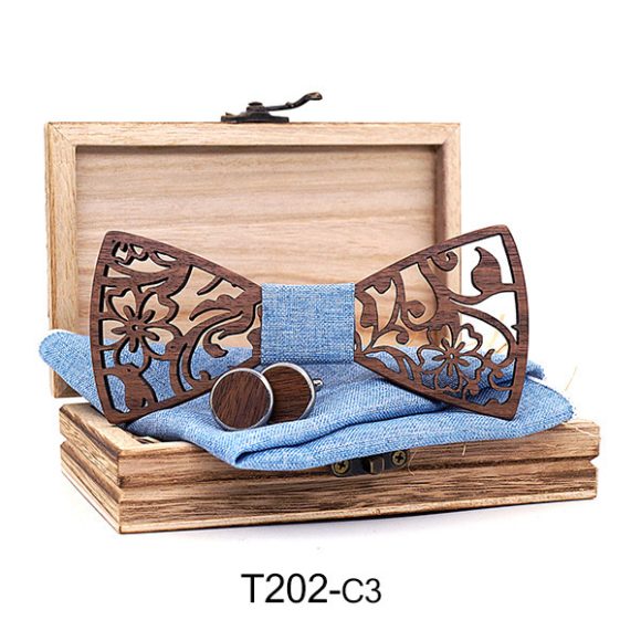 Wooden Hollow Fashion Bow Tie Cufflinks Set - Image 4