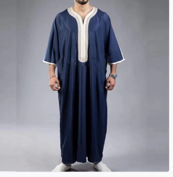 Arabic Robe Mid Short Sleeve Embroidered Navy Blue Men - Image 5