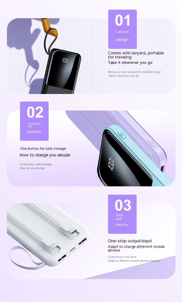 Fast Charge With Cable 20000mAh Large Capacity Ultra-thin Portable Mobile Power Pack - Image 7