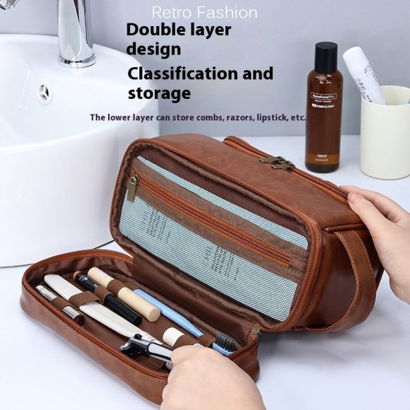 Leather Cosmetics Storage Bag Travel Toiletry Bag Portable Men's Business Simplicity Portable With Hook - Image 3