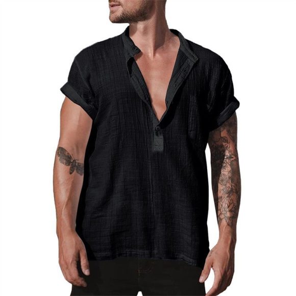 Loose Stand Neck Solid Color Pocket Short Sleeve Shirt - Image 4
