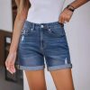 Straight Slim-fit Worn-out Curling Denim Shorts