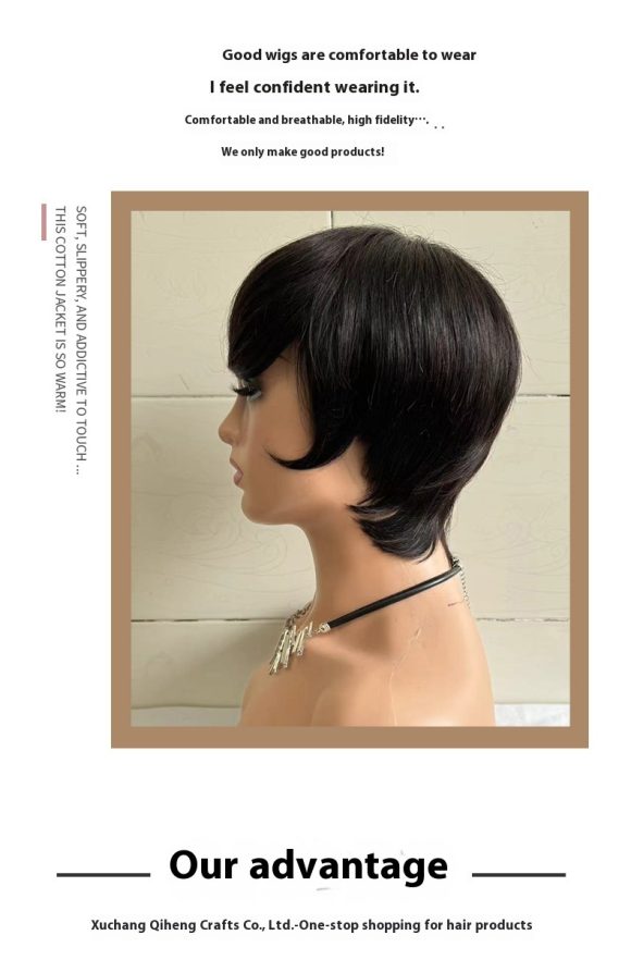 Short Straight Wig Women's Short Hair Head Cover Real Human Hair - Image 3