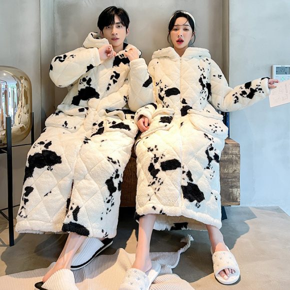 Winter Men's Quilted Cow Pajamas Thick Coral Fleece Bathrobe Homewear Nightgown - Image 3