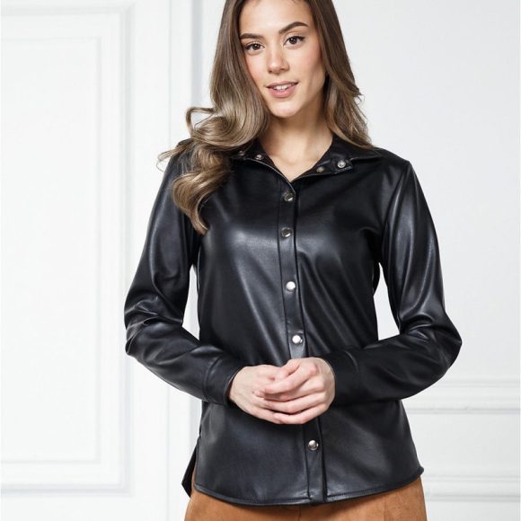 Women's Street Fashion Black PU Leather Urban Casual Shirt - Image 2