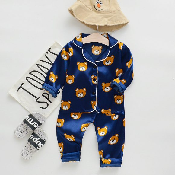Long sleeve ice silk bear pajamas set for boys and girls - Image 5