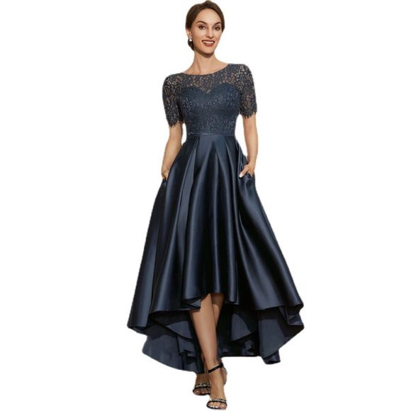 Navy Blue Satin Ball Lace Short Sleeve Dress - Image 3