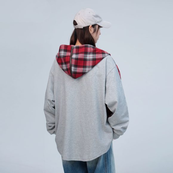 Shirt Plaid Patchwork Grey Cotton - Image 3