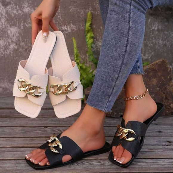 Women's Flat Slippers Lightweight Fashion Chain Square Toe Casual - Image 5