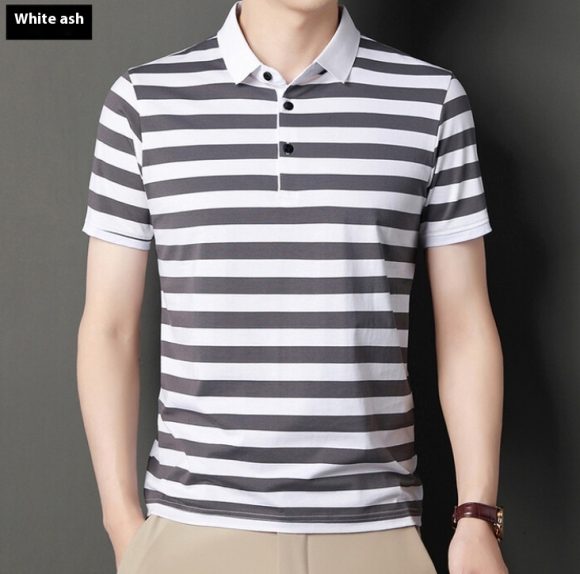 Summer Short-sleeved T-shirt Men's Cotton Ice Silk Polo Collar Stripes Youth Undershirt - Image 3