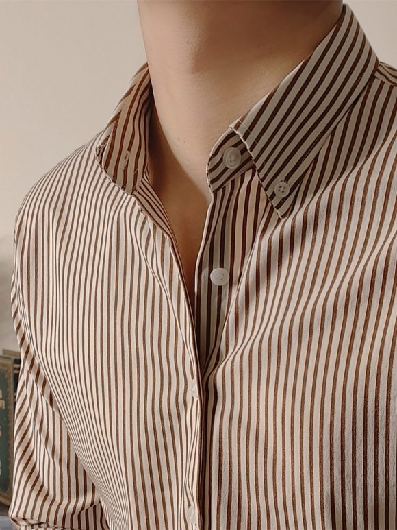 Slim Fitting Coffee Striped Shirt For Men - Image 3