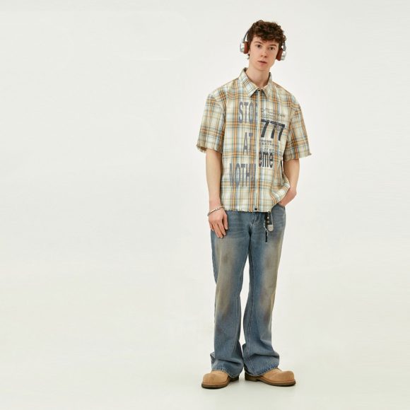 Printed Washed Tassel Short Sleeve Plaid Shirt - Image 4