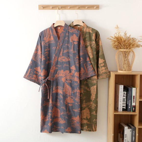 Men's Cotton Gauze Kimono Long Dress Bathrobe - Image 5
