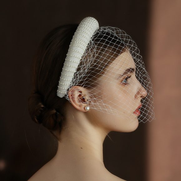 French Hepburn Style Bridal Veil White Vintage Beaded Large Meshed Net Mesh Headband - Image 2