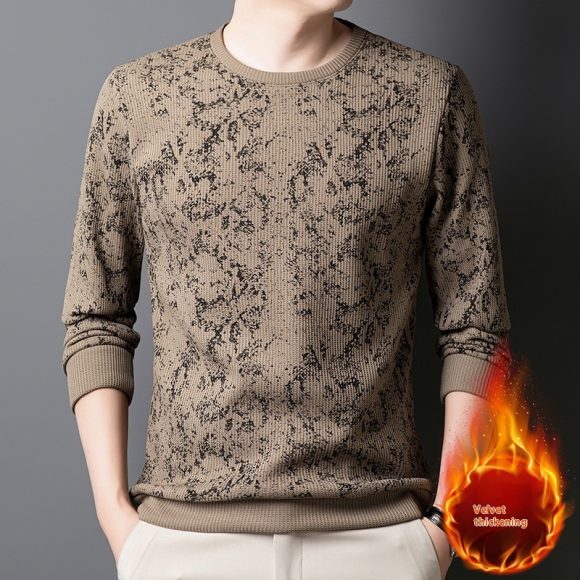 Men's Round Neck Printed Young And Middle-aged Long-sleeved Thickened Warm T-shirt - Image 9