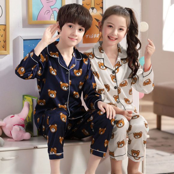 Long sleeve ice silk bear pajamas set for boys and girls - Image 4