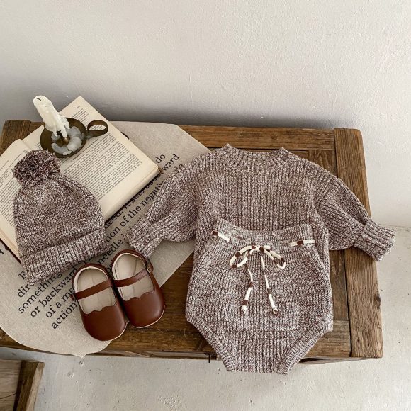Infant Baby Girl Mixed Color Thick Needle Pullover Pants Pullover Fur Ball Knitted Hat 3-piece Set - Image 9