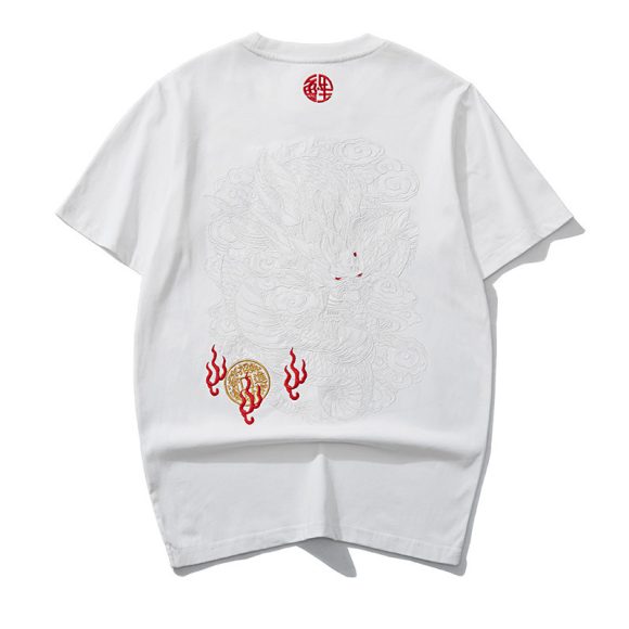 Embroidered Dragon Pattern Round Neck Cotton Top - Image 3