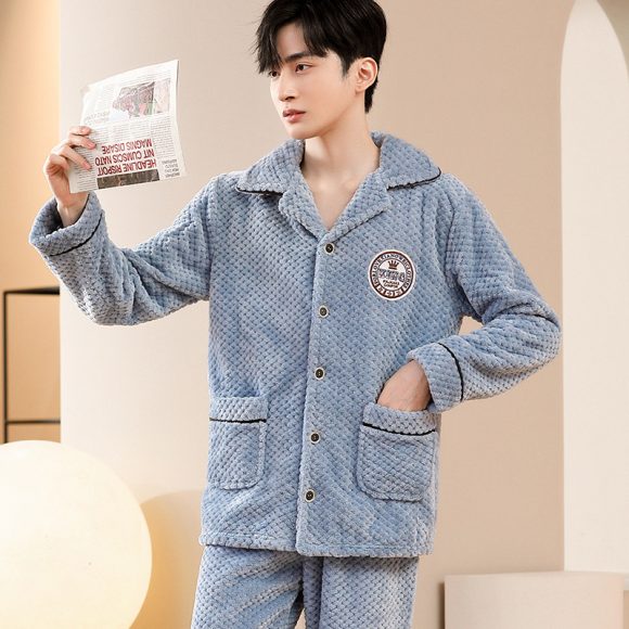 Autumn And Winter Flannel Men's Pajamas Men's Lapel Cardigan - Image 2