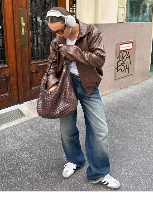 Women's Vintage Brown Leather Motorcycle Jacket - Image 6
