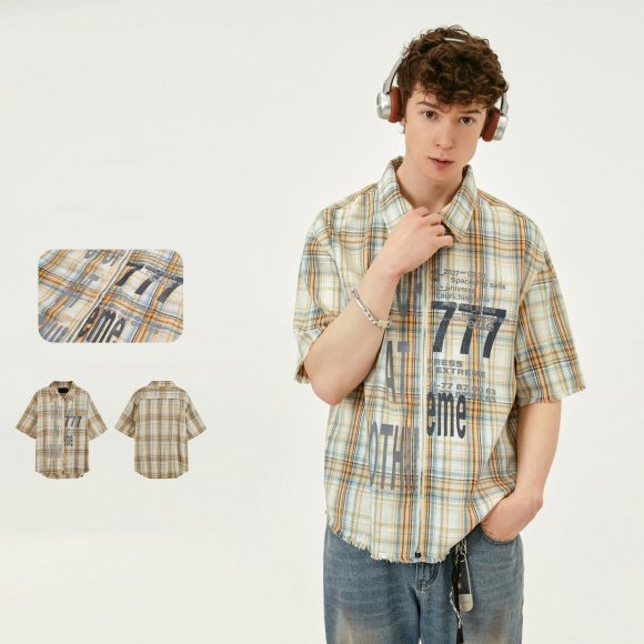 Printed Washed Tassel Short Sleeve Plaid Shirt - Image 3