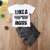 Boys' Short Sleeve Letter Denim Shorts Two-Piece Set