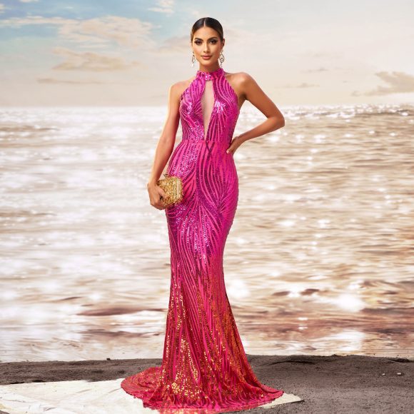 Round Neck Off-the-shoulder Slim-fit Sheath Sequined Banquet Fishtail Evening Dress - Image 4